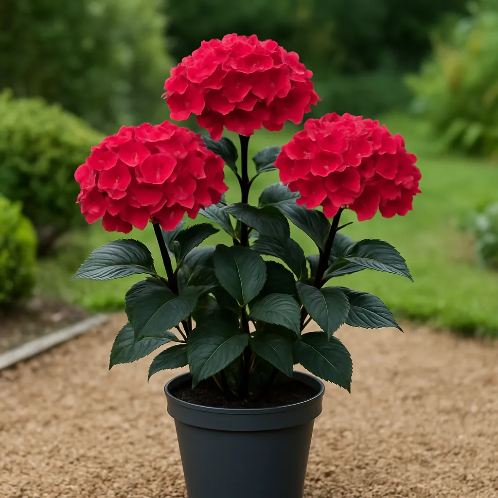 Hydrangea macr.( Black Steel) 'Red Fox'